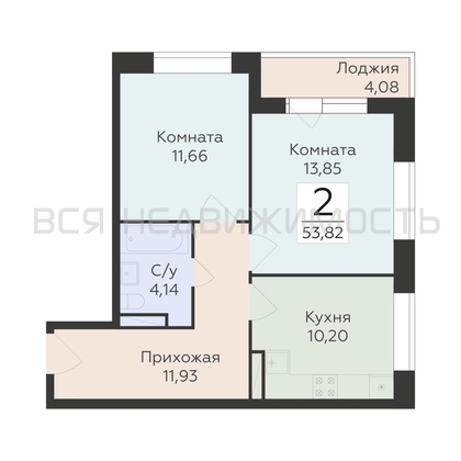 2-комнатная квартира, 53.82кв.м - изображение