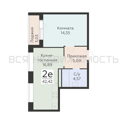 1-комнатная квартира, 42.42кв.м - изображение