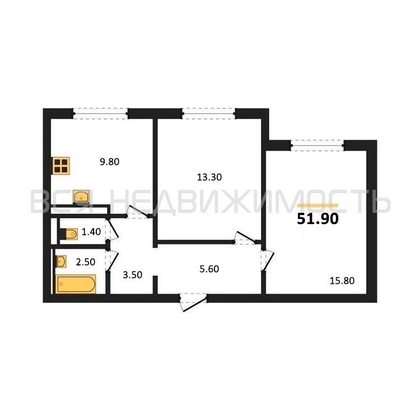 2-комнатная квартира, 51.9кв.м - изображение