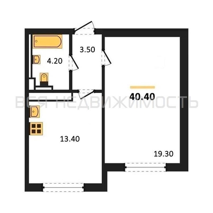 1-комнатная квартира, 40.4кв.м - изображение