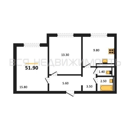 2-комнатная квартира, 51.9кв.м - изображение