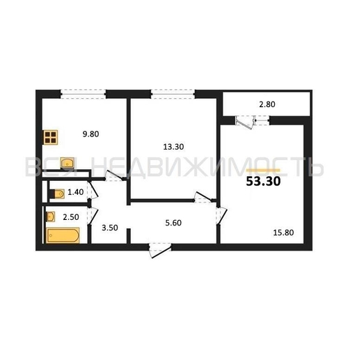 2-комнатная квартира, 53.3кв.м - изображение 0