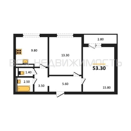 2-комнатная квартира, 53.3кв.м - изображение