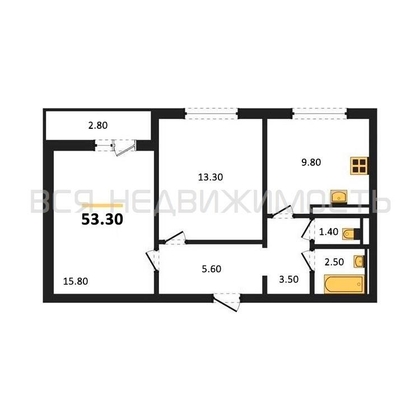 2-комнатная квартира, 53.3кв.м - изображение