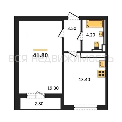 1-комнатная квартира, 41.8кв.м - изображение