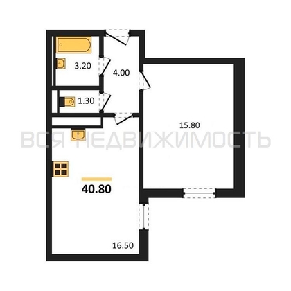 1-комнатная квартира, 40.8кв.м - изображение