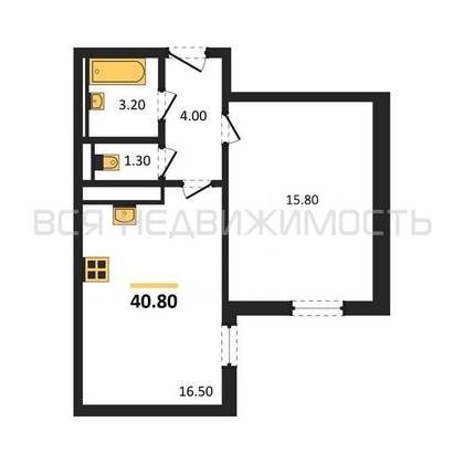 1-комнатная квартира, 40.8кв.м - изображение