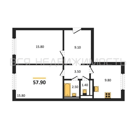 2-комнатная квартира, 57.9кв.м - изображение