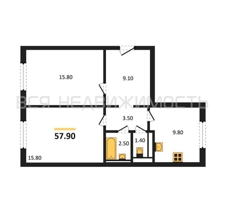 2-комнатная квартира, 57.9кв.м - изображение
