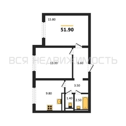 2-комнатная квартира, 51.9кв.м 2-комнатная квартира, 51.9кв.м - изображение 1