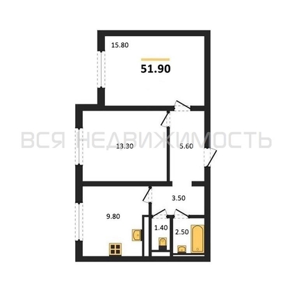 2-комнатная квартира, 51.9кв.м - изображение