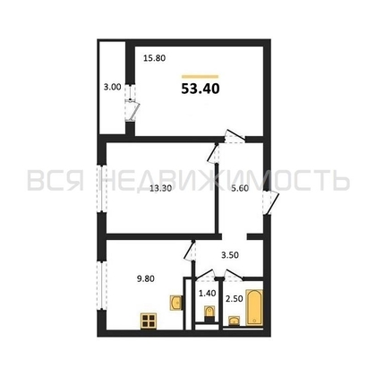 2-комнатная квартира, 53.4кв.м - изображение