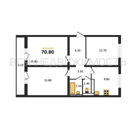 3-комнатная квартира, 70.8кв.м - изображение