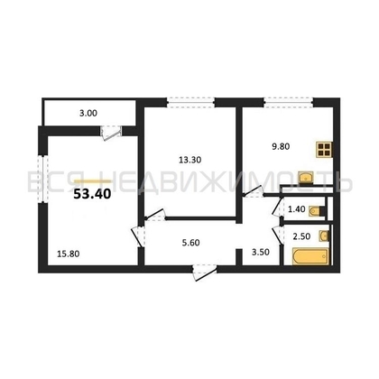 2-комнатная квартира, 53.4кв.м - изображение