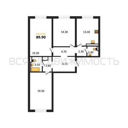3-комнатная квартира, 89.9кв.м - изображение