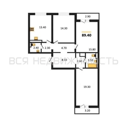 3-комнатная квартира, 89.4кв.м 3-комнатная квартира, 89.4кв.м - изображение 1