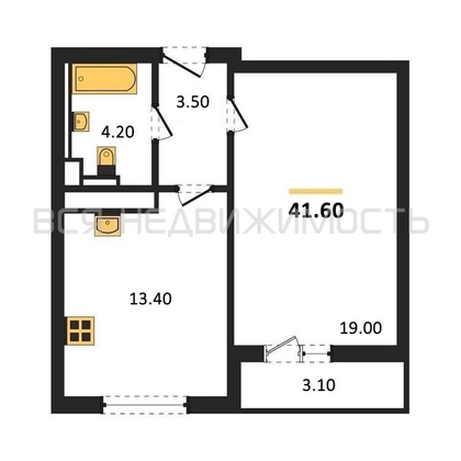 1-комнатная квартира, 41.6кв.м - изображение