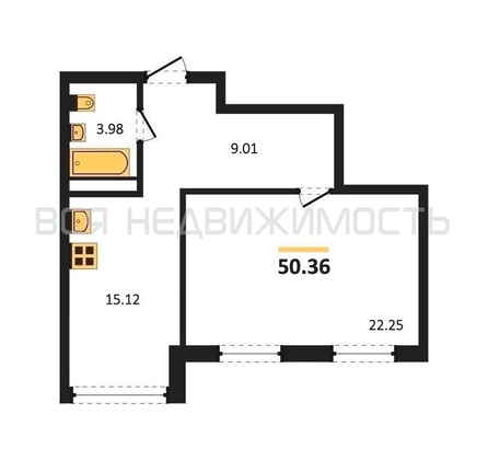 1-комнатная квартира, 50.3кв.м - изображение