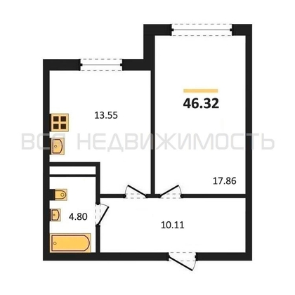 1-комнатная квартира, 45.2кв.м - изображение