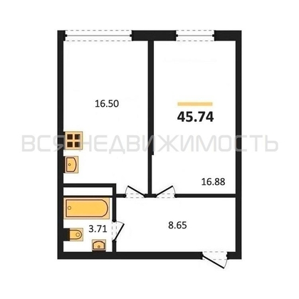 1-комнатная квартира, 45.7кв.м - изображение