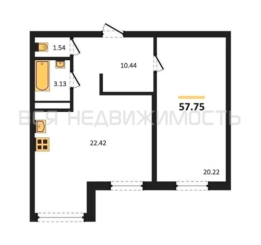 1-комнатная квартира, 57.7кв.м - изображение 0