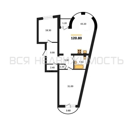 2-комнатная квартира, 120.8кв.м 2-комнатная квартира, 120.8кв.м - изображение