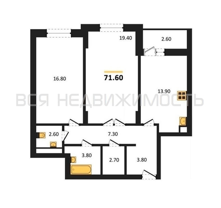 2-комнатная квартира, 71.6кв.м - изображение