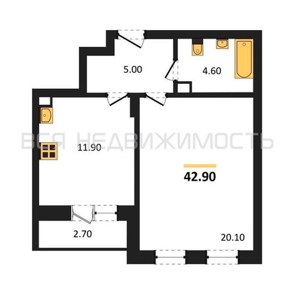 1-комнатная квартира, 42.9кв.м - изображение