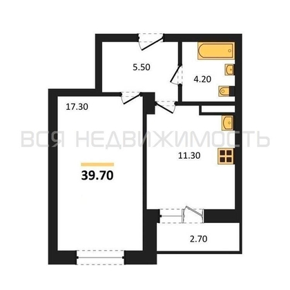 1-комнатная квартира, 39.7кв.м - изображение