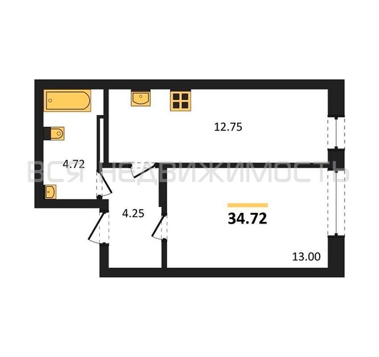 1-комнатная квартира, 34.72кв.м - изображение 0