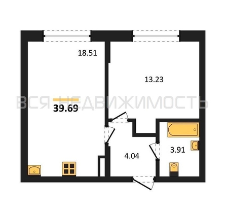 1-комнатная квартира, 39.69кв.м - изображение