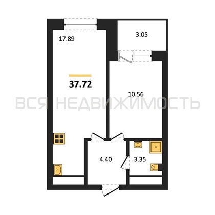 1-комнатная квартира, 37.72кв.м - изображение
