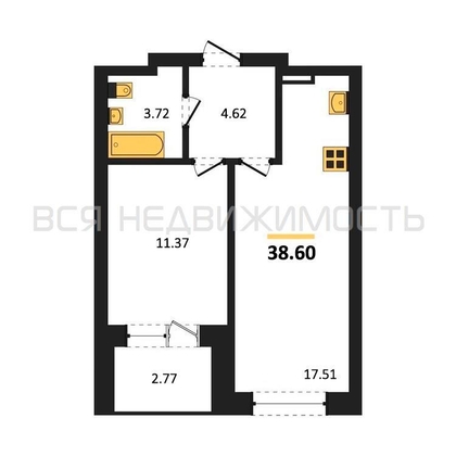1-комнатная квартира, 38.6кв.м - изображение