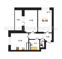 2-комнатная квартира, 51.42кв.м 2-комнатная квартира, 51.42кв.м - изображение 1