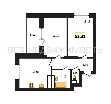 2-комнатная квартира, 52.31кв.м - изображение
