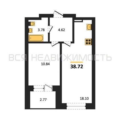 1-комнатная квартира, 38.72кв.м - изображение