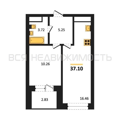 1-комнатная квартира, 37.1кв.м - изображение