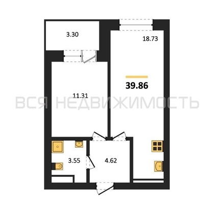 1-комнатная квартира, 39.86кв.м - изображение