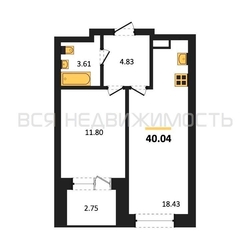 1-комнатная квартира, 40.04кв.м 1-комнатная квартира, 40.04кв.м - изображение 1