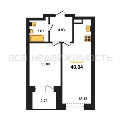 1-комнатная квартира, 40.04кв.м - изображение