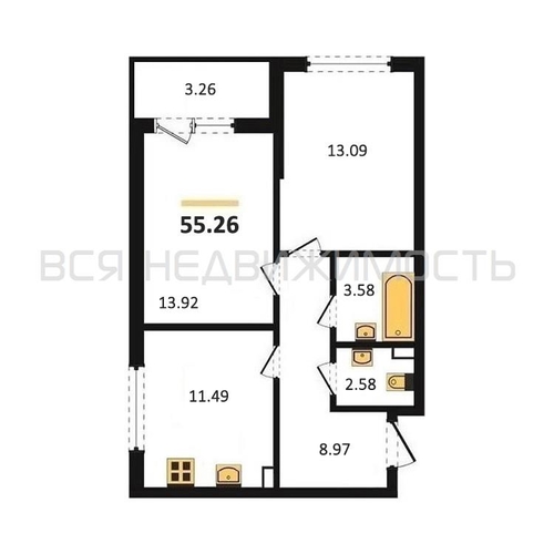 2-комнатная квартира, 55.67кв.м - изображение 0
