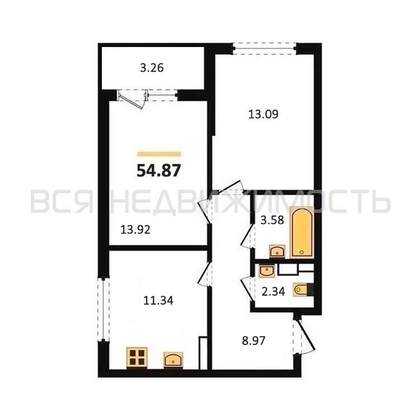2-комнатная квартира, 55.21кв.м - изображение
