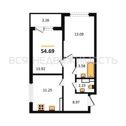 2-комнатная квартира, 55.04кв.м - изображение