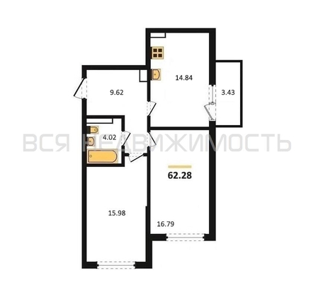 2-комнатная квартира, 62.33кв.м - изображение