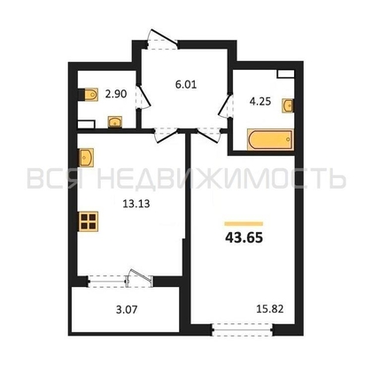 1-комнатная квартира, 45.52кв.м - изображение
