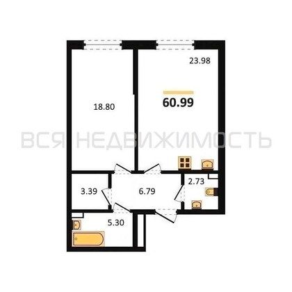 1-комнатная квартира, 60.99кв.м - изображение
