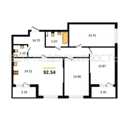 3-комнатная квартира, 92.54кв.м - изображение