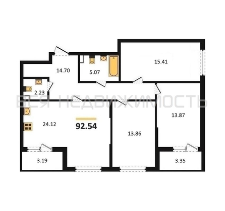 3-комнатная квартира, 92.54кв.м - изображение