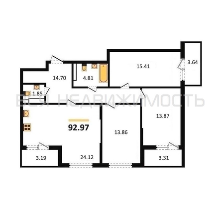 3-комнатная квартира, 92.97кв.м - изображение
