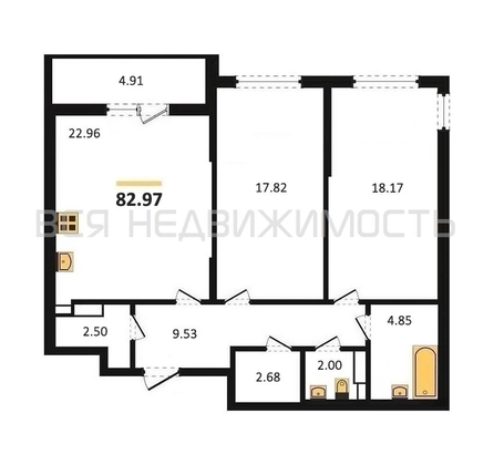 2-комнатная квартира, 82.97кв.м - изображение